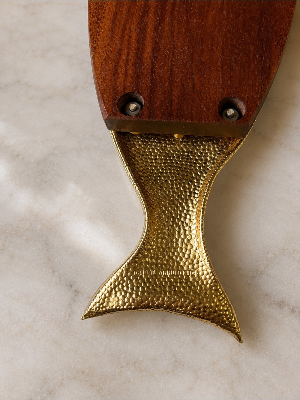 Vintage Ted Arnold Salmon Serving Platter | Gold & Wood Charcuterie Cheese Board - Picture 5 of 5